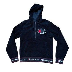 Champion Mens Hoodie Sweatshirt Size Small 1/2 Zip Sherpa Fleece Pullover Black
